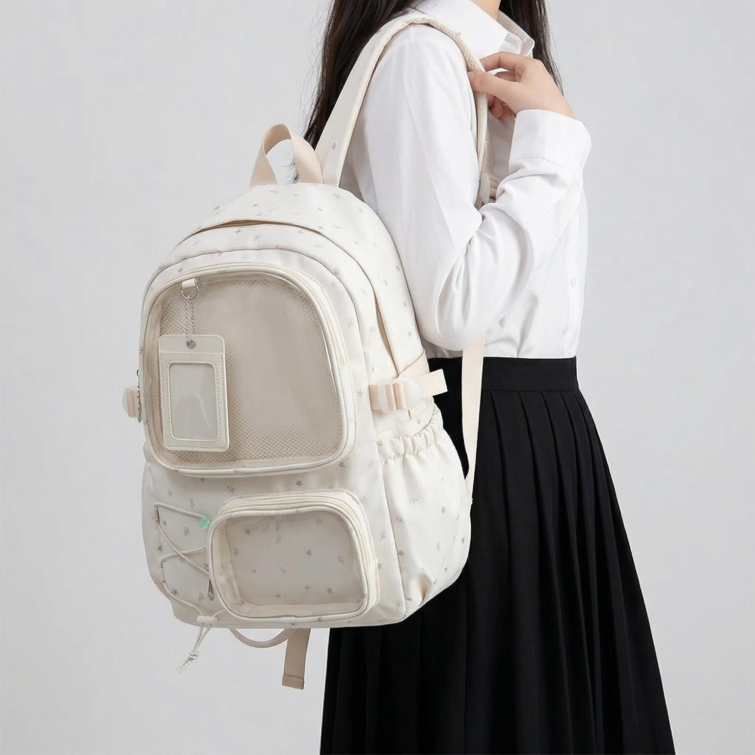 Large Green Kawaii Y2K Ita Backpack with Clear Window for Photocards and Pins Large Green Kawaii Y2K Ita Backpack with Clear Window for Photocards and Pins — ita backpack detail view