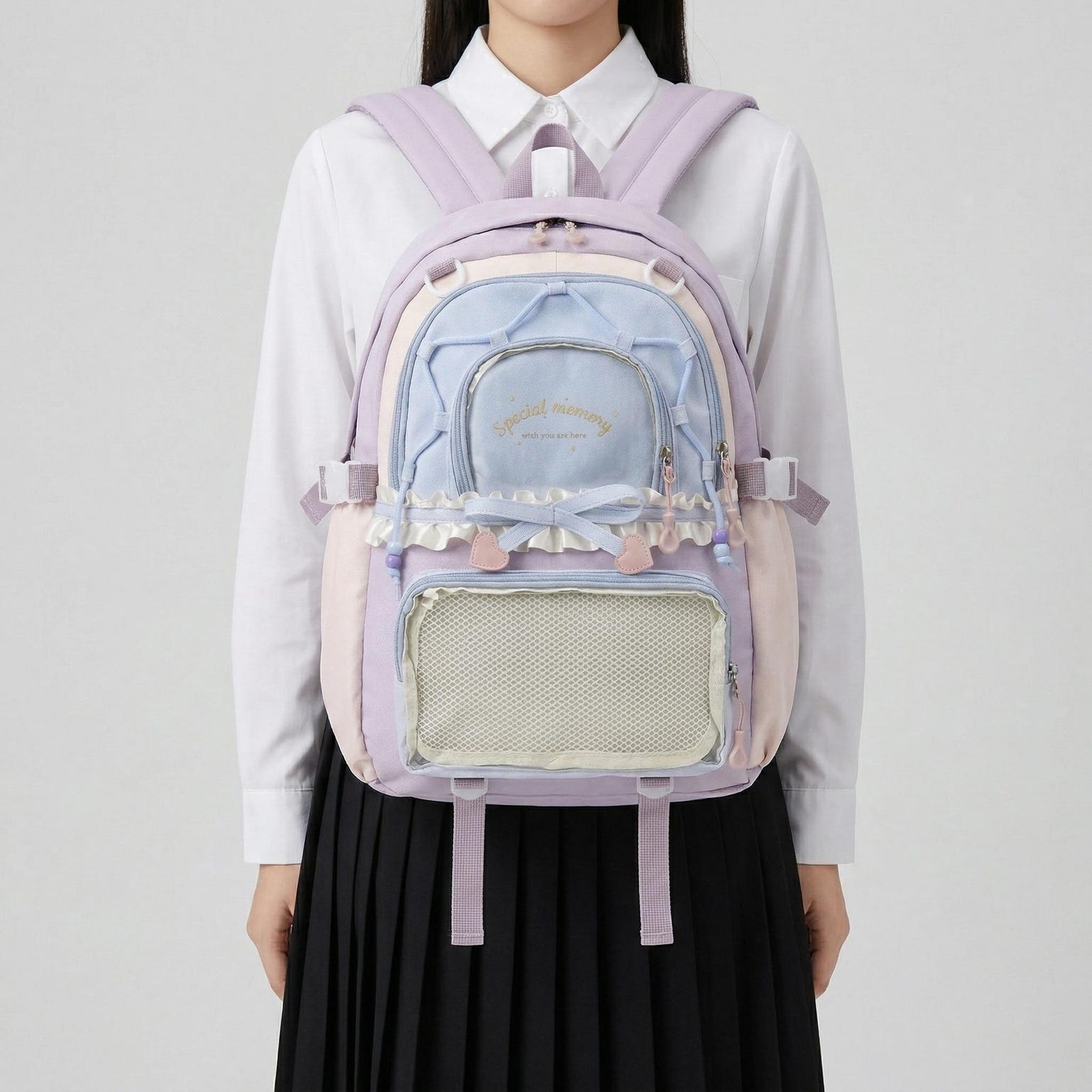 Large Green Kawaii Y2K Ita Backpack with Clear Window for Photocards and Pins Large Green Kawaii Y2K Ita Backpack with Clear Window for Photocards and Pins — ita backpack detail view