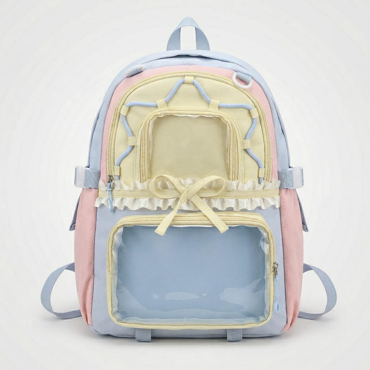 Large Green Kawaii Y2K Ita Backpack with Clear Window for Photocards and Pins Large Green Kawaii Y2K Ita Backpack with Clear Window for Photocards and Pins — ita backpack detail view