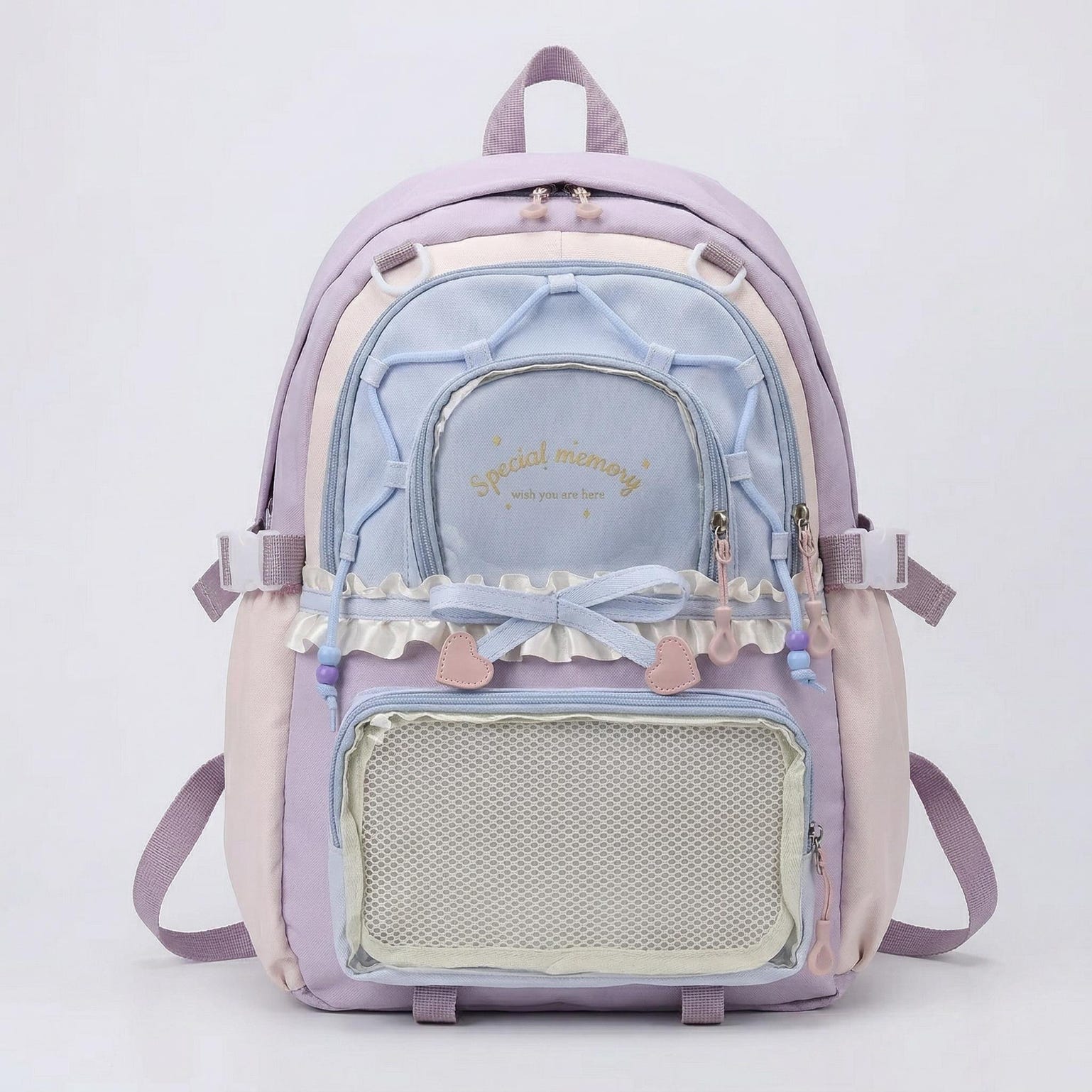 Large Green Kawaii Y2K Ita Backpack with Clear Window for Photocards and Pins Large Green Kawaii Y2K Ita Backpack with Clear Window for Photocards and Pins — ita backpack detail view