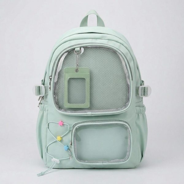 Large Green Kawaii Y2K Ita Backpack with Clear Window for Photocards and Pins — ita backpack detail view