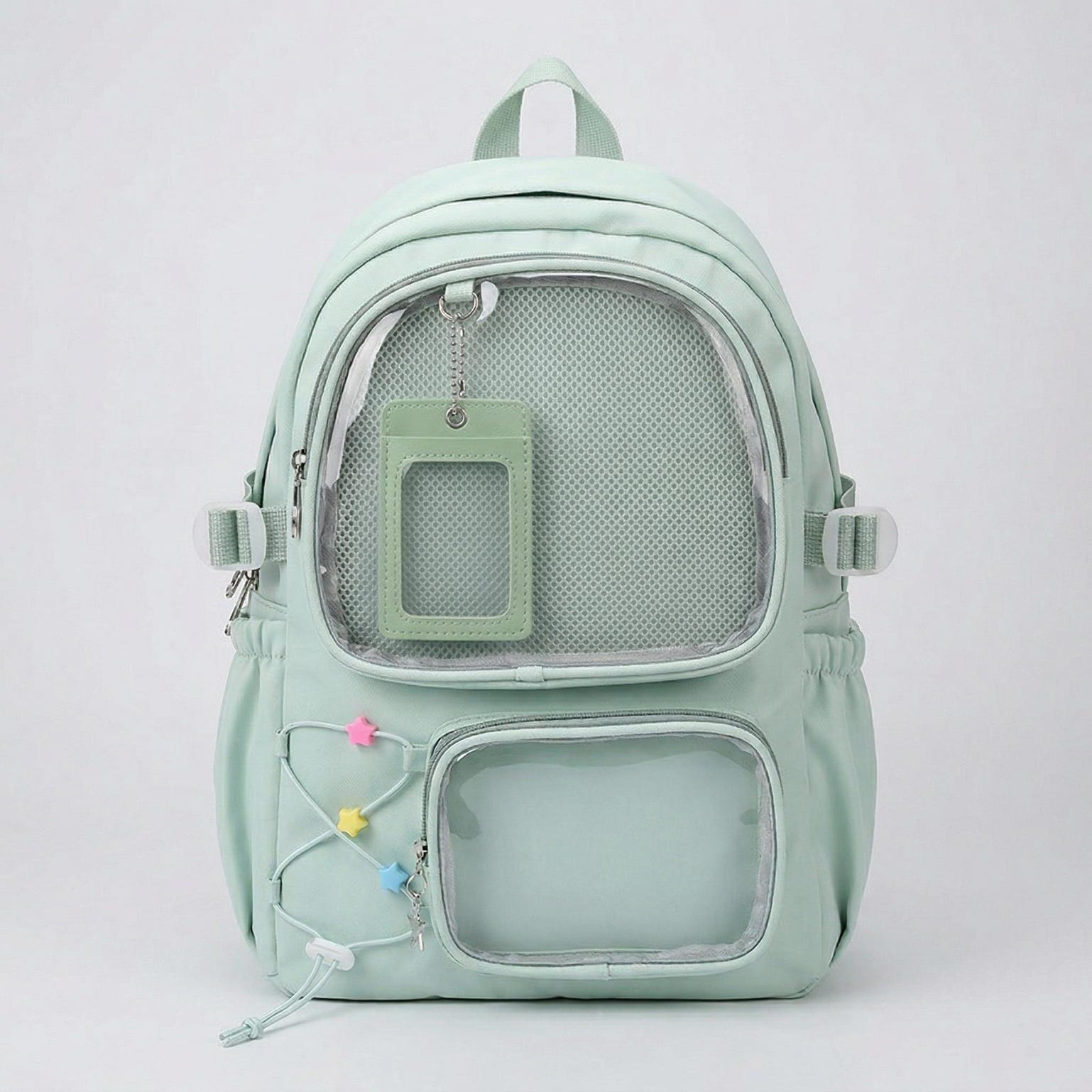 Large Green Kawaii Y2K Ita Backpack with Clear Window for Photocards and Pins Large Green Kawaii Y2K Ita Backpack with Clear Window for Photocards and Pins — ita backpack detail view