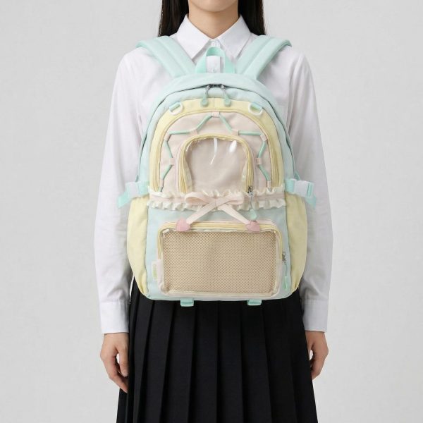 Large Green Kawaii Y2K Ita Backpack with Clear Window for Photocards and Pins — ita backpack detail view