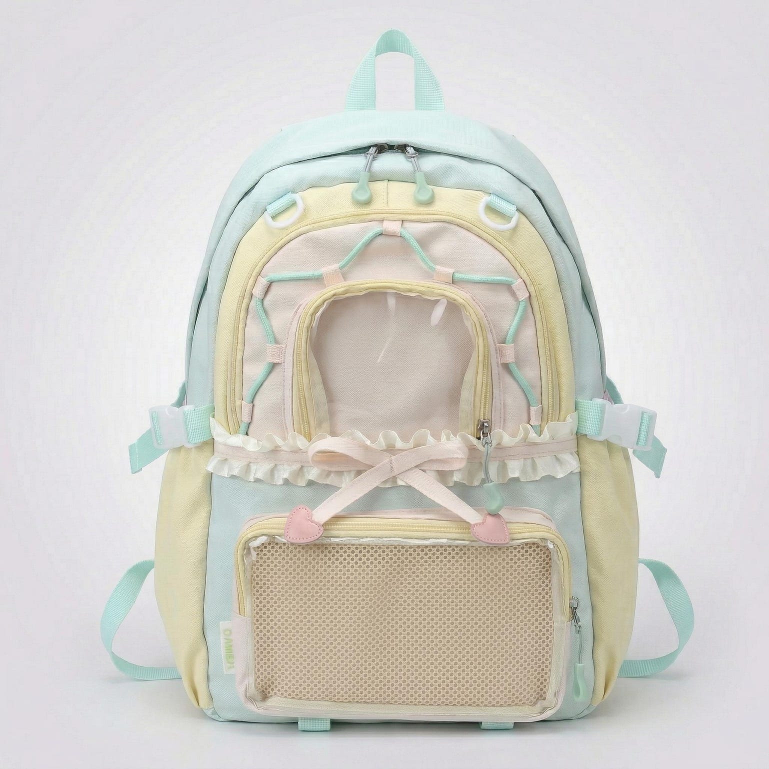 Large Green Kawaii Y2K Ita Backpack with Clear Window for Photocards and Pins Large Green Kawaii Y2K Ita Backpack with Clear Window for Photocards and Pins — ita backpack detail view
