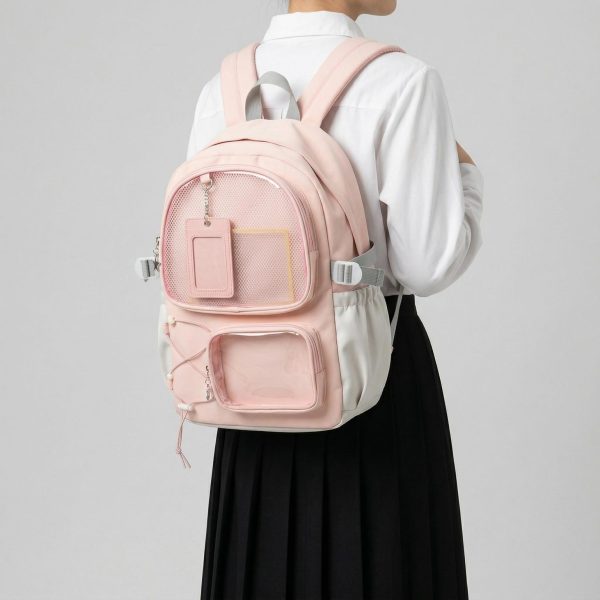 Large Green Kawaii Y2K Ita Backpack with Clear Window for Photocards and Pins — ita backpack detail view