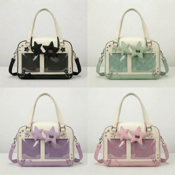 Large Green Kawaii Y2K Ita Handbag with Clear Window for Pin Display — ita bag detail view