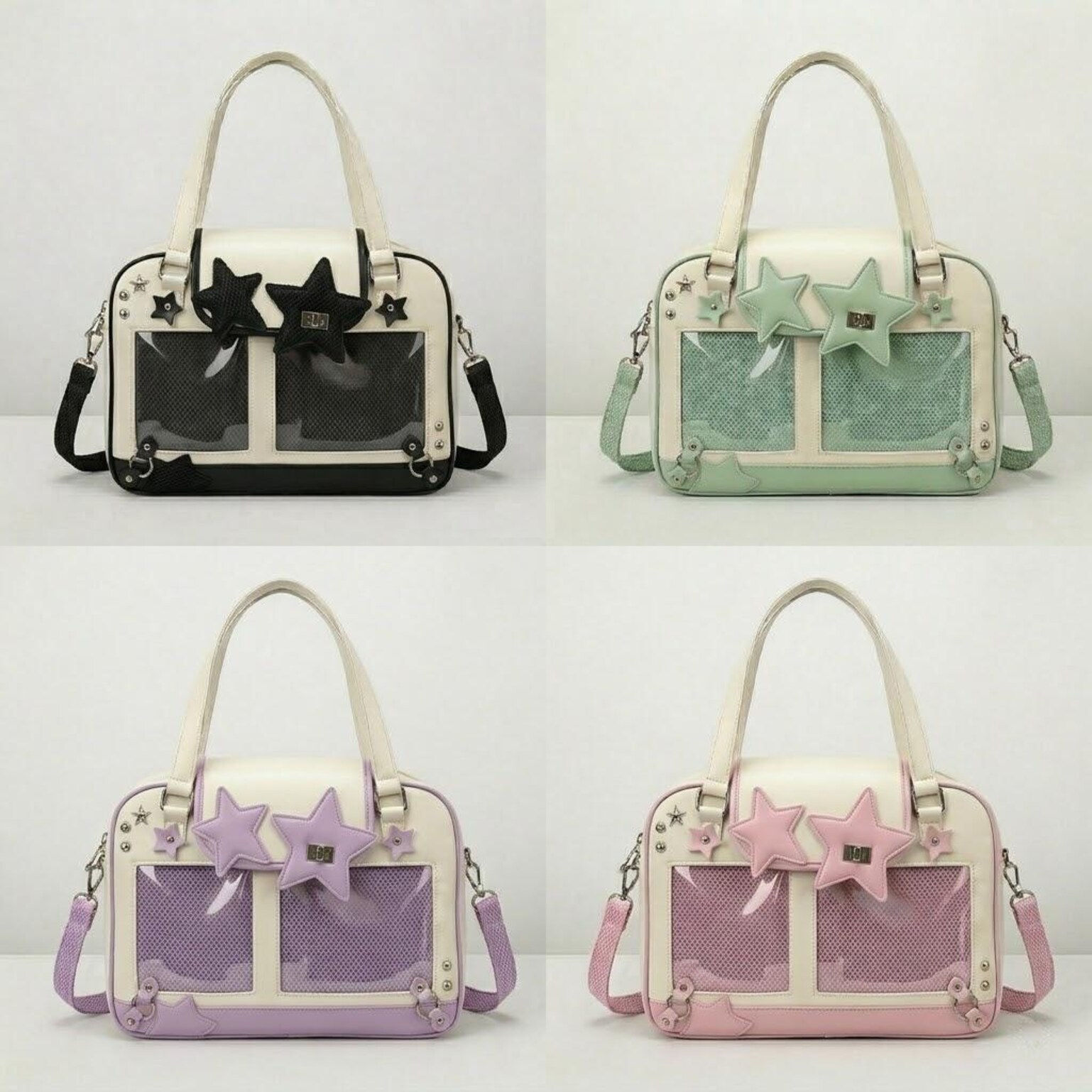 Large Green Kawaii Y2K Ita Handbag with Clear Window for Pin Display Large Green Kawaii Y2K Ita Handbag with Clear Window for Pin Display — ita bag detail view
