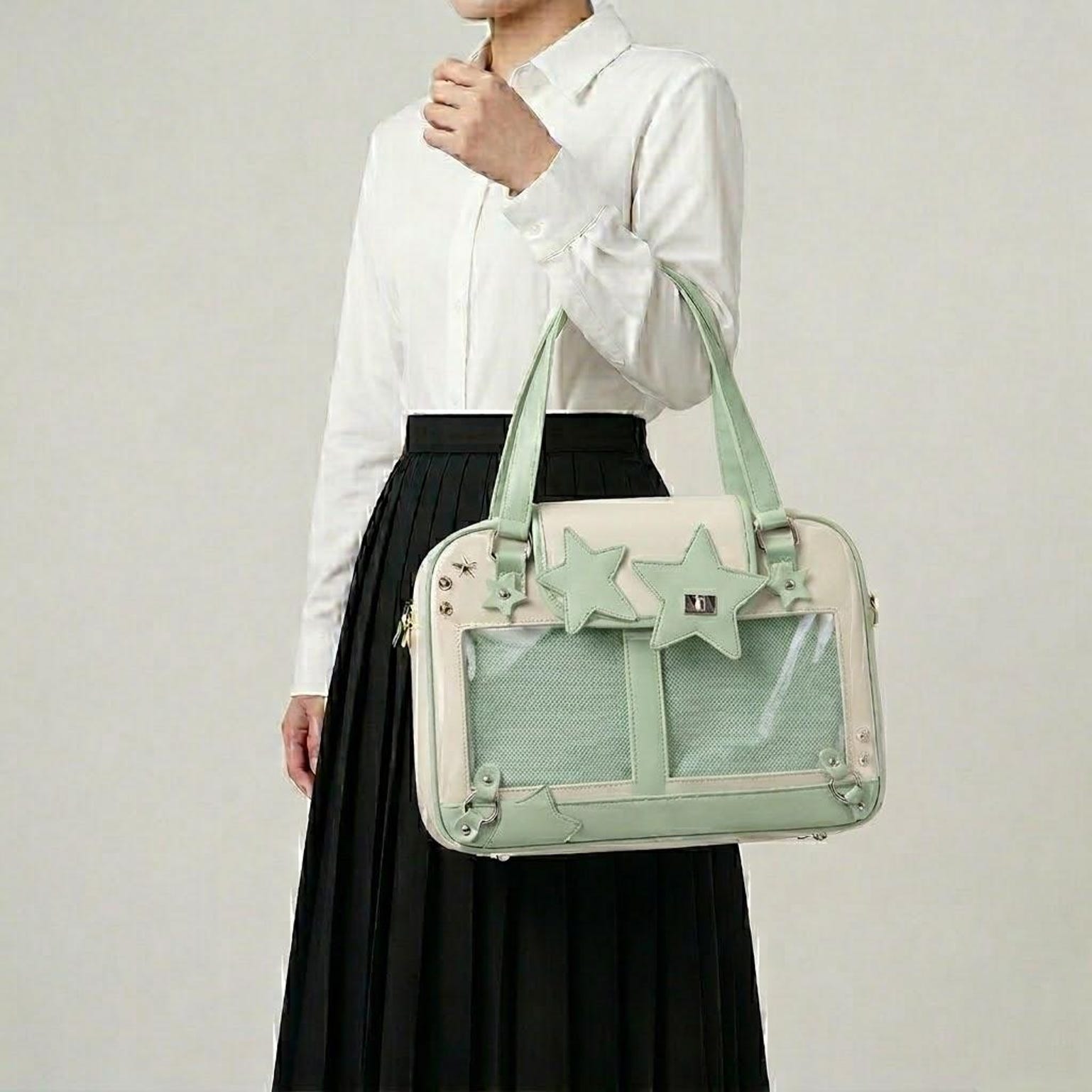 Large Green Kawaii Y2K Ita Handbag with Clear Window for Pin Display Large Green Kawaii Y2K Ita Handbag with Clear Window for Pin Display — ita bag detail view