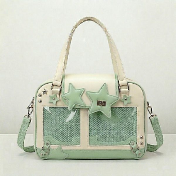 Large Green Kawaii Y2K Ita Handbag with Clear Window for Pin Display — ita bag detail view
