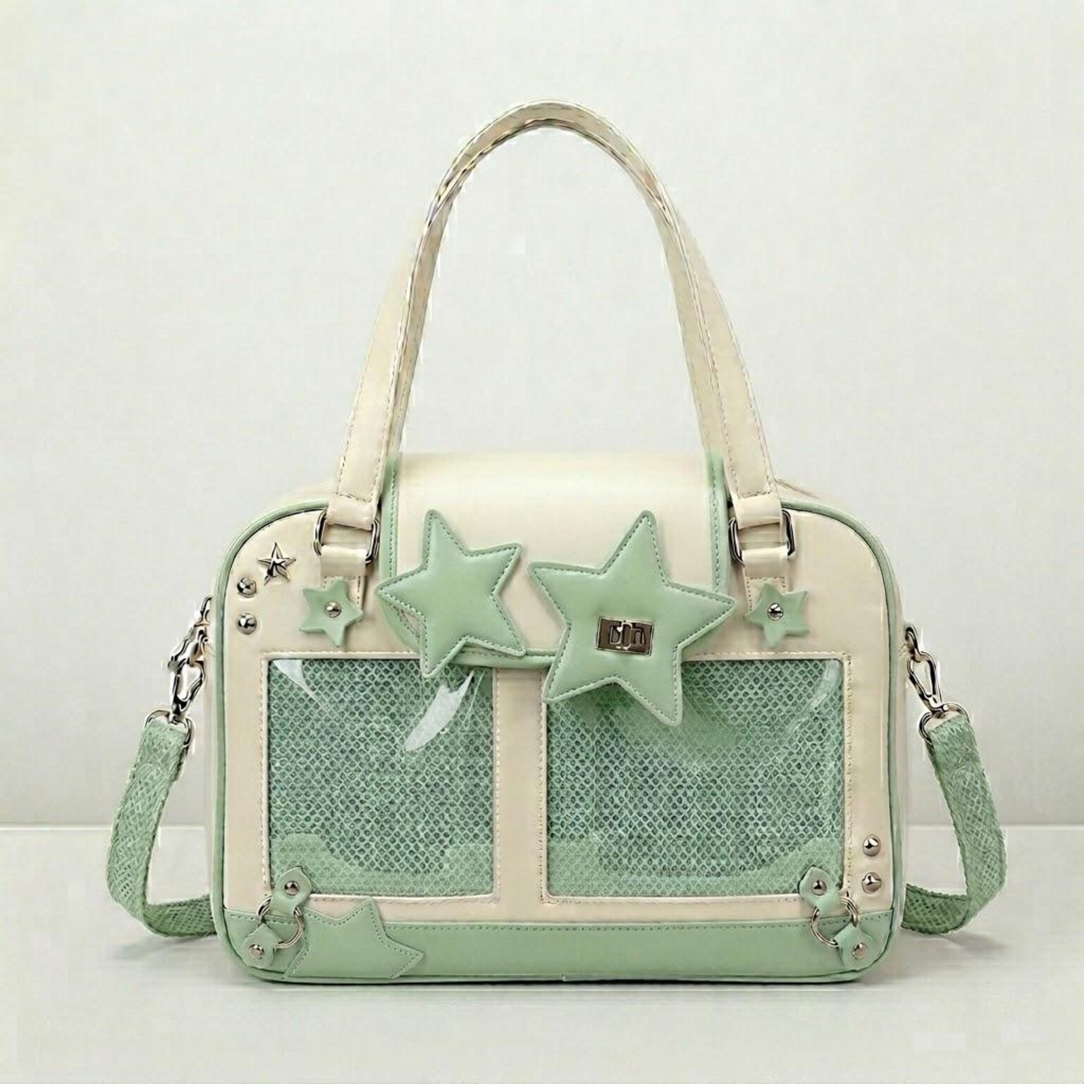 Large Green Kawaii Y2K Ita Handbag with Clear Window for Pin Display Large Green Kawaii Y2K Ita Handbag with Clear Window for Pin Display — ita bag detail view