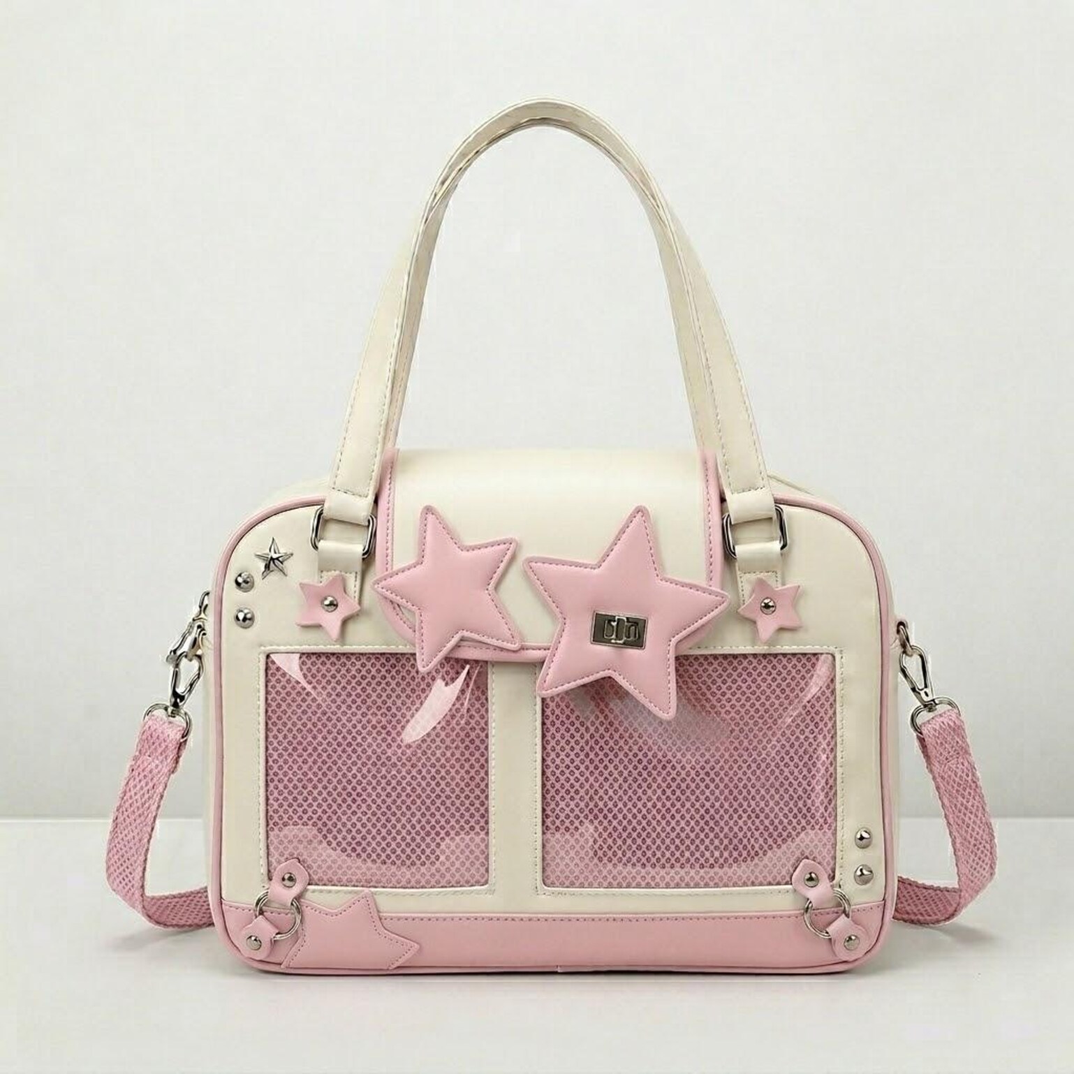 Large Green Kawaii Y2K Ita Handbag with Clear Window for Pin Display Large Green Kawaii Y2K Ita Handbag with Clear Window for Pin Display — ita bag detail view