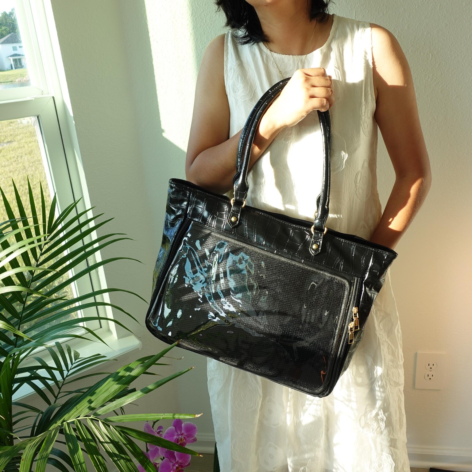 Large Ita Tote Bag with Clear Window for Pin Display Large Ita Tote Bag with Clear Window for Pin Display — ita tote bag detail view