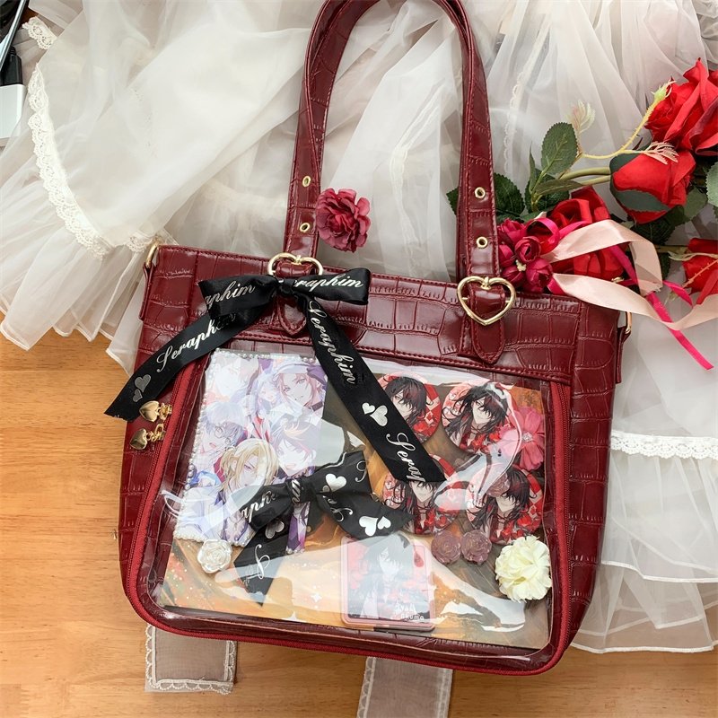 Large Ita Tote Bag with Clear Window for Plushies and Pins Large Ita Tote Bag with Clear Window for Plushies and Pins — ita tote bag detail view