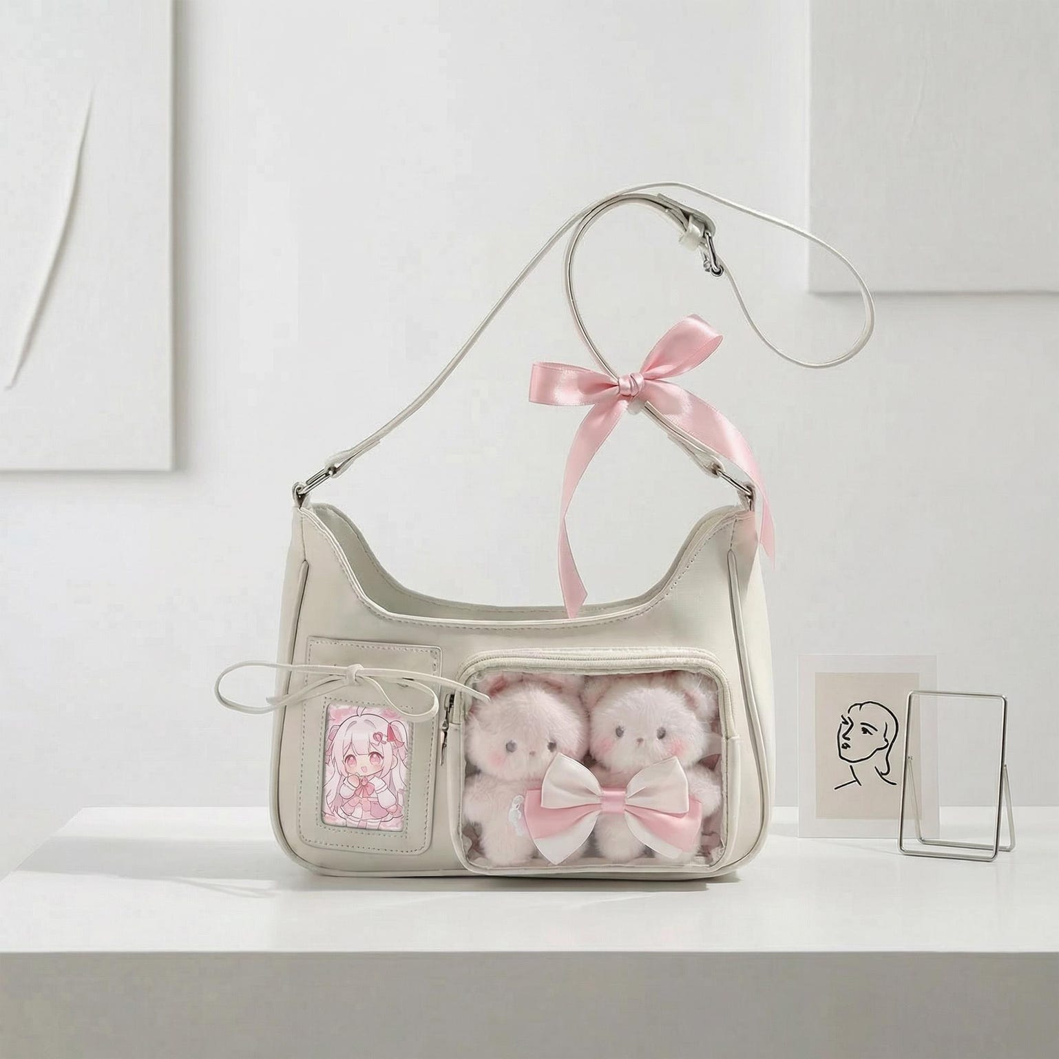 Large Kawaii Convertible Ita Bag with Clear Window for Pin Display Large Kawaii Convertible Ita Bag with Clear Window for Pin Display — ita bag detail view
