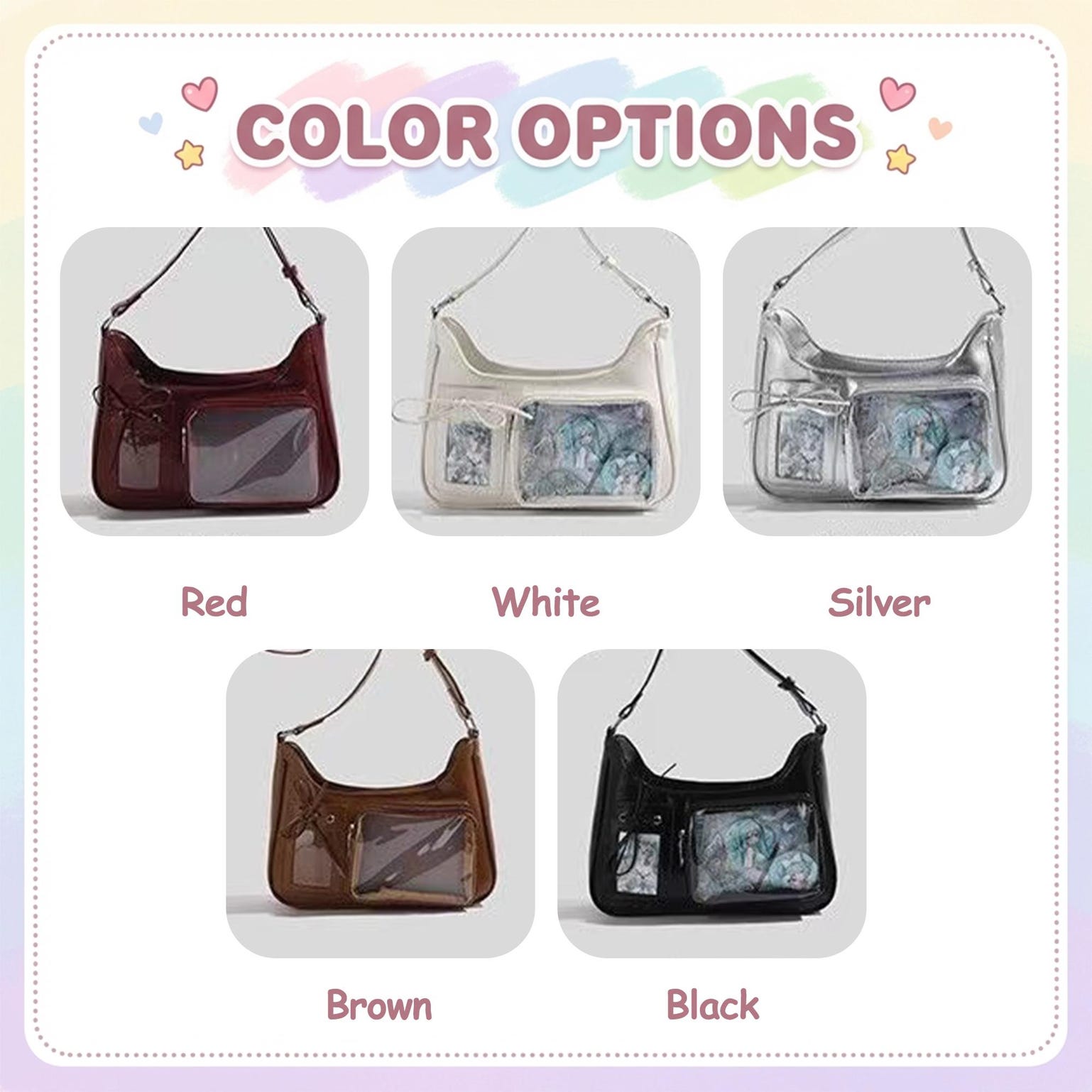 Large Kawaii Convertible Ita Bag with Clear Window for Pin Display Large Kawaii Convertible Ita Bag with Clear Window for Pin Display — ita bag detail view