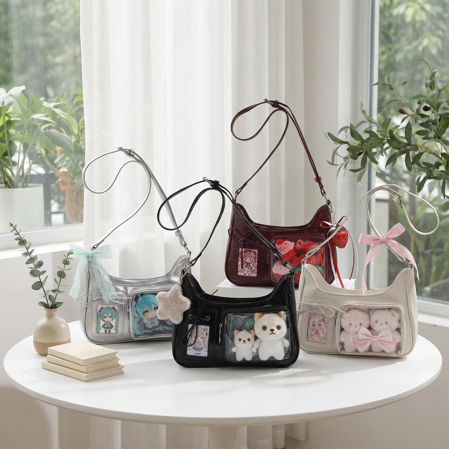 Large Kawaii Convertible Ita Bag with Clear Window for Pin Display Large Kawaii Convertible Ita Bag with Clear Window for Pin Display — ita bag detail view