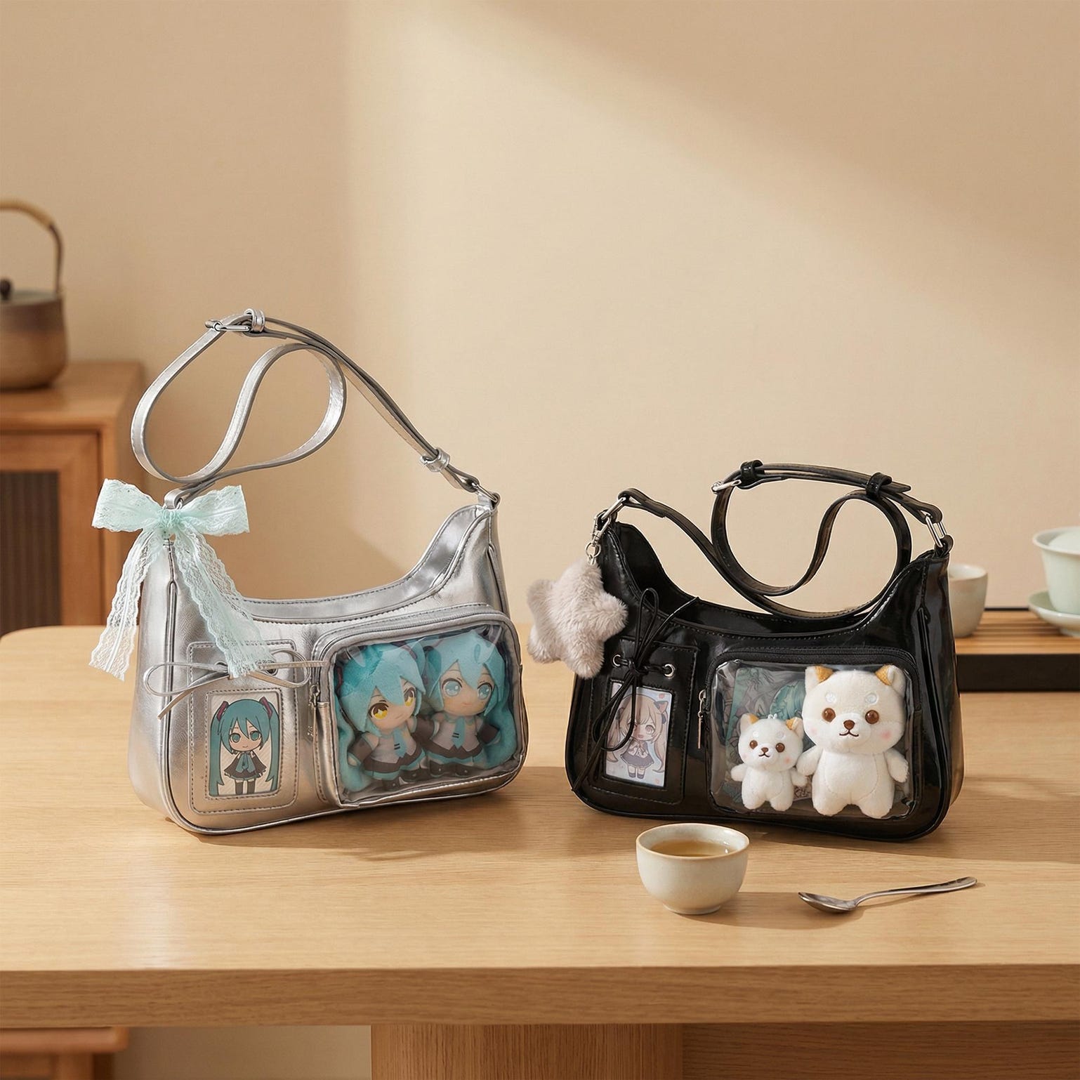 Large Kawaii Convertible Ita Bag with Clear Window for Pin Display Large Kawaii Convertible Ita Bag with Clear Window for Pin Display — ita bag detail view