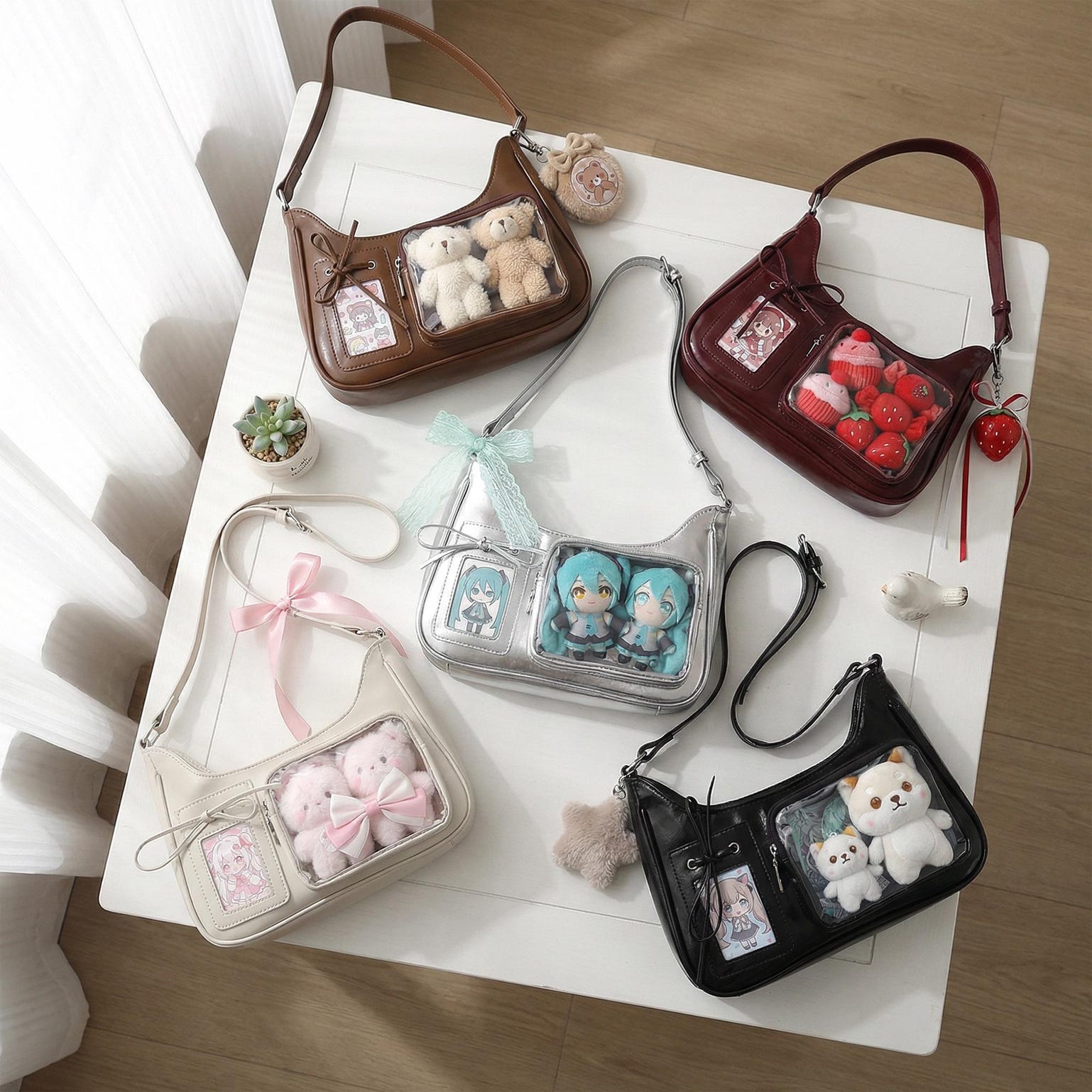 Large Kawaii Convertible Ita Bag with Clear Window for Pin Display Large Kawaii Convertible Ita Bag with Clear Window for Pin Display — ita bag detail view