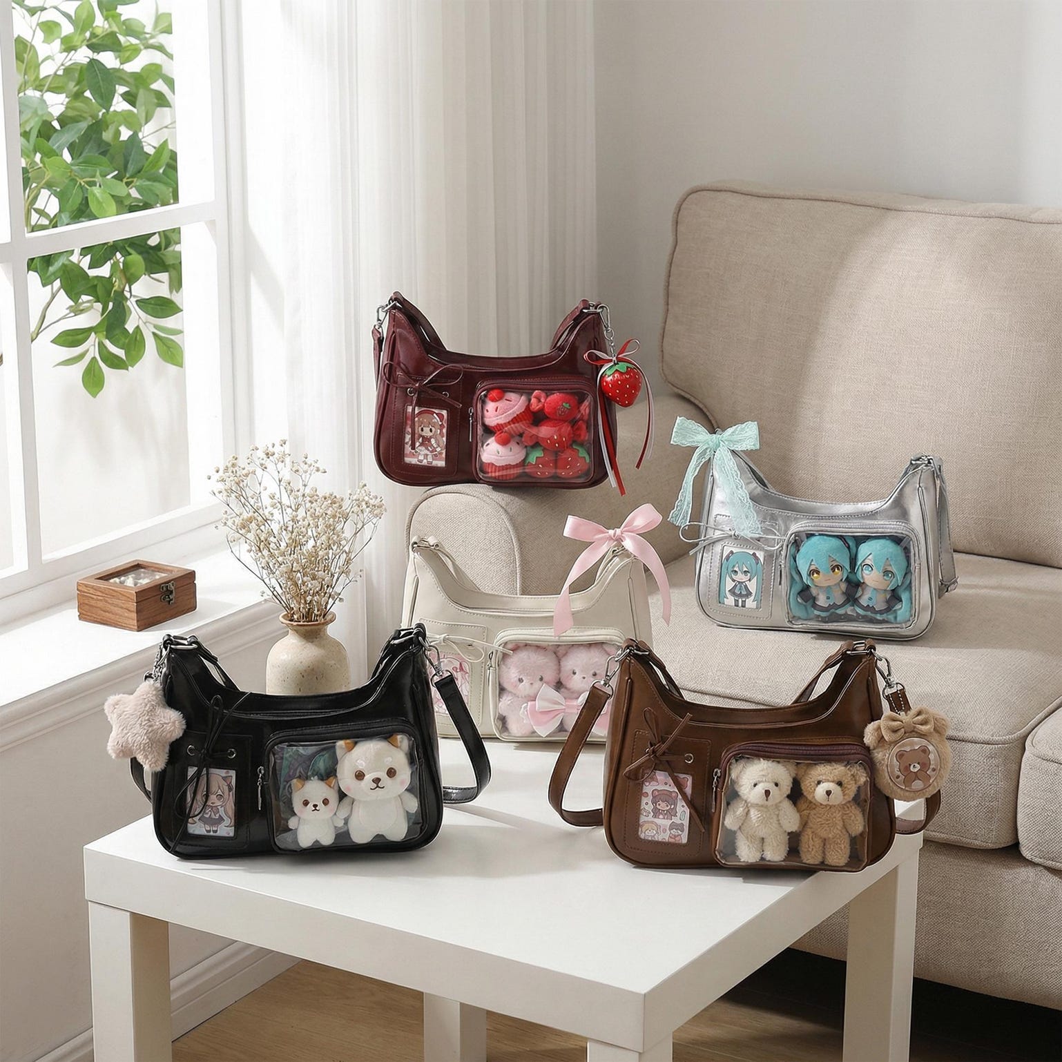 Large Kawaii Convertible Ita Bag with Clear Window for Pin Display Large Kawaii Convertible Ita Bag with Clear Window for Pin Display — ita bag detail view
