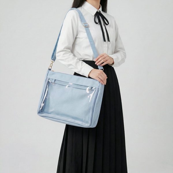Large Kawaii Y2K Ita Tote Bag with Clear Window for Pin Display — ita tote bag detail view