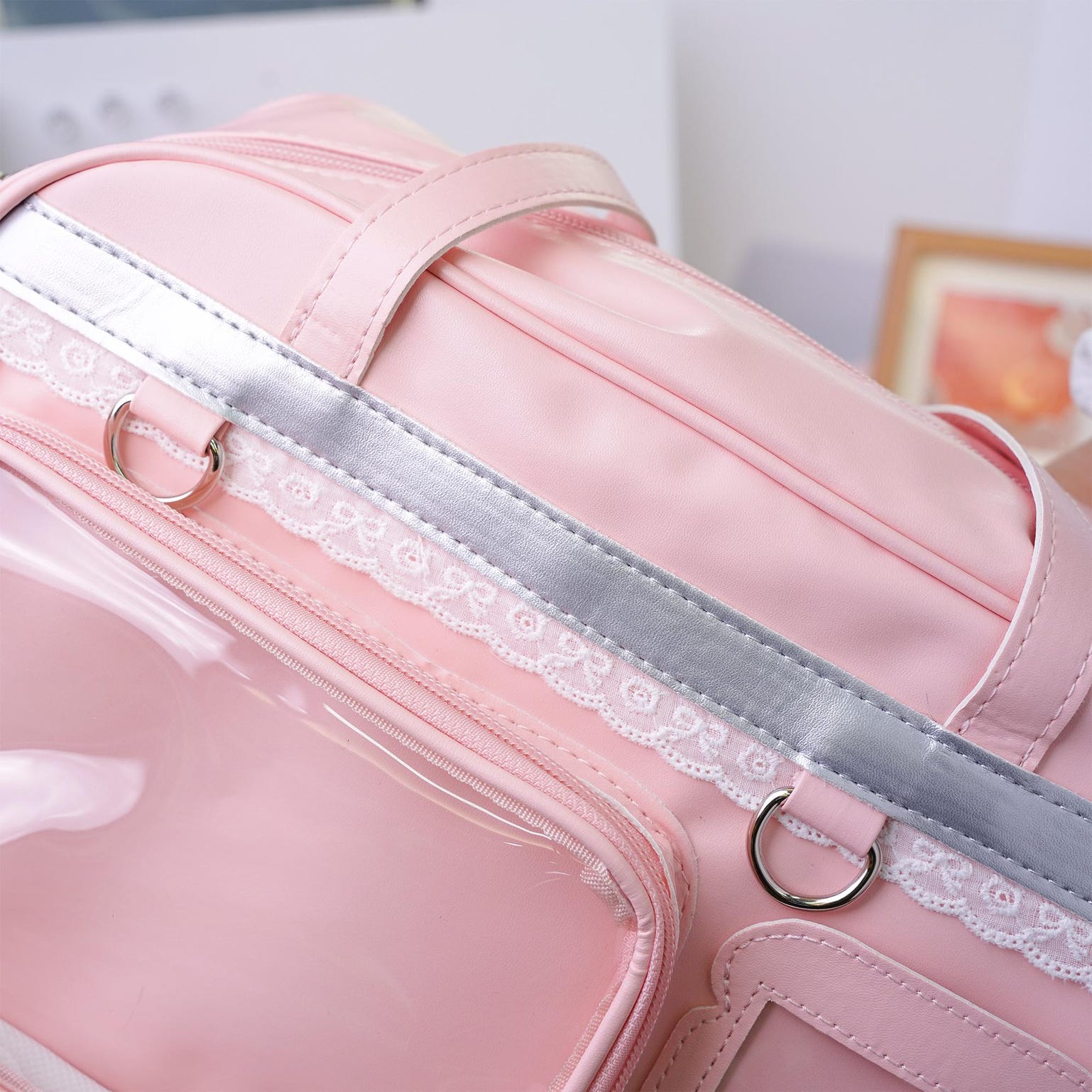 Large Pastel Convertible Ita Bag with Clear Window for Plushies and Pins Large Pastel Convertible Ita Bag with Clear Window for Plushies and Pins — ita bag detail view
