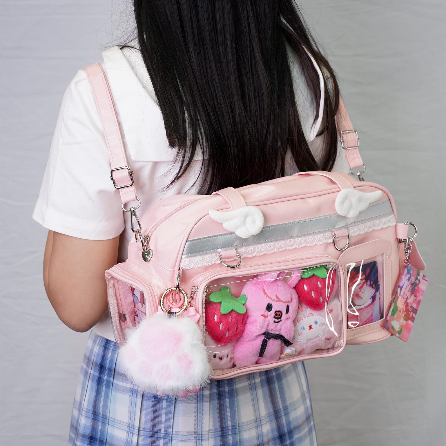 Large Pastel Convertible Ita Bag with Clear Window for Plushies and Pins Large Pastel Convertible Ita Bag with Clear Window for Plushies and Pins — ita bag detail view