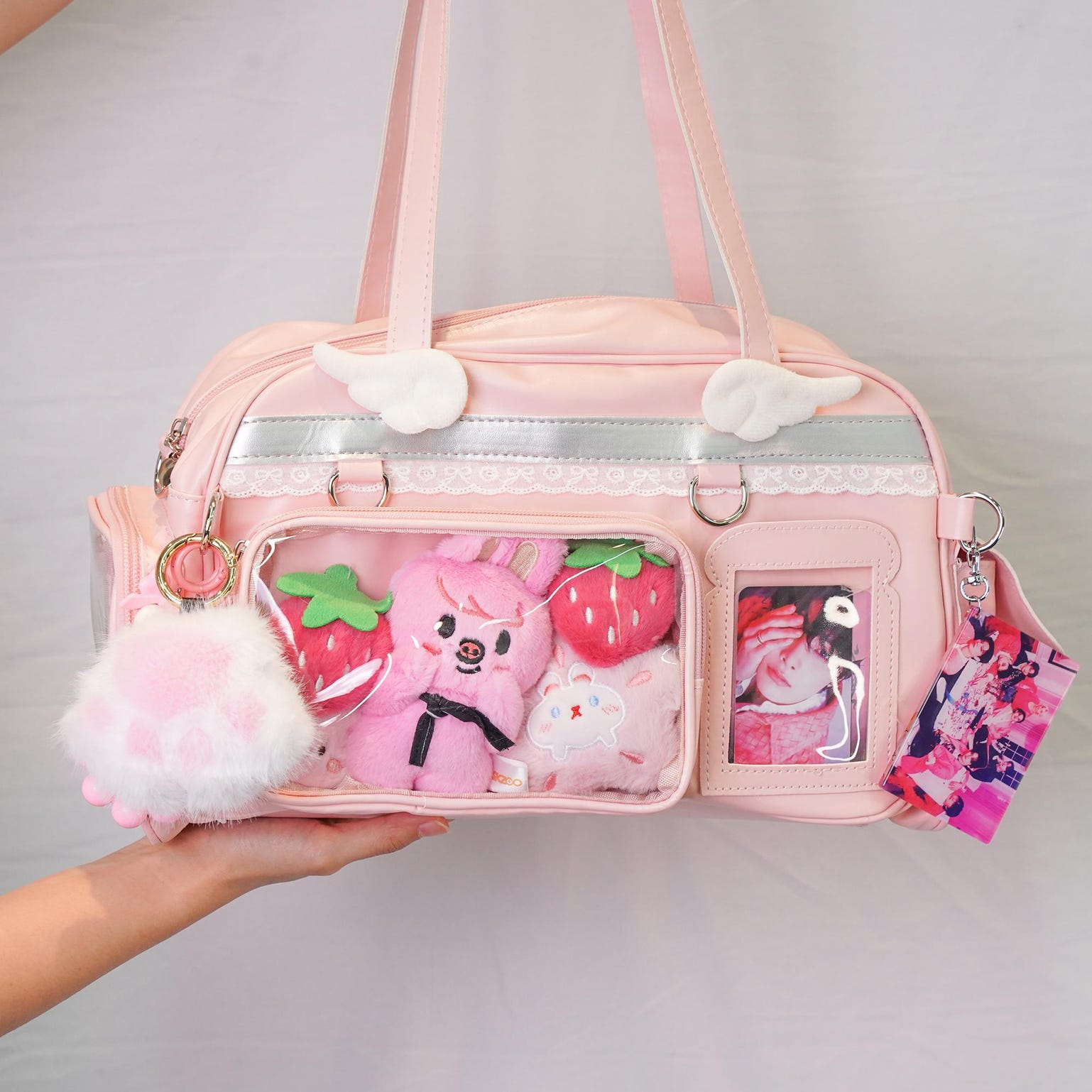 Large Pastel Convertible Ita Bag with Clear Window for Plushies and Pins Large Pastel Convertible Ita Bag with Clear Window for Plushies and Pins — ita bag detail view