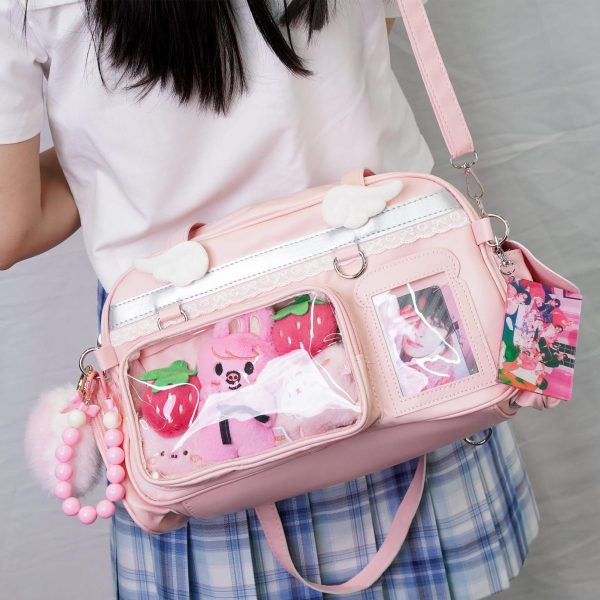 Large Pastel Convertible Ita Bag with Clear Window for Plushies and Pins — ita bag detail view