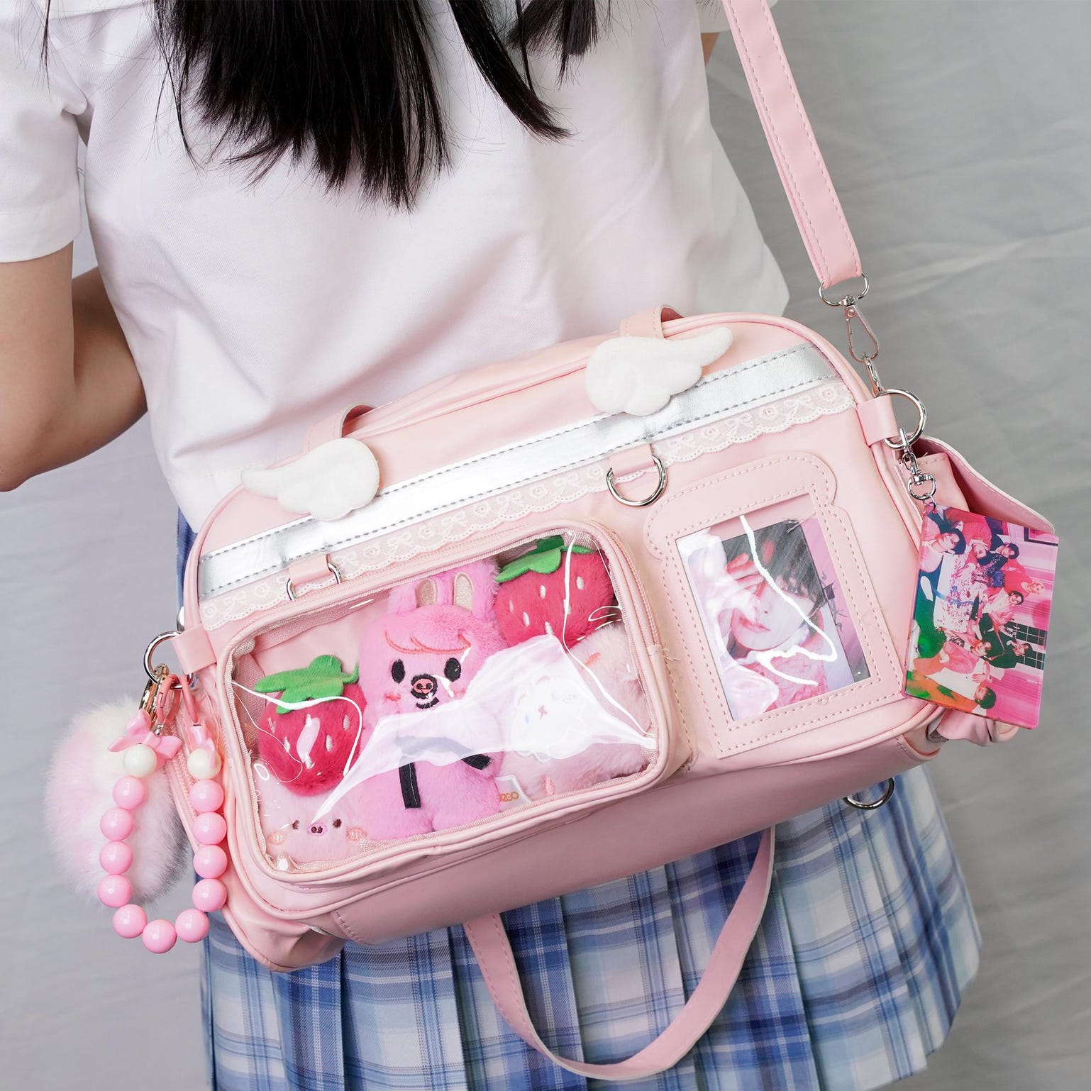 Large Pastel Convertible Ita Bag with Clear Window for Plushies and Pins Large Pastel Convertible Ita Bag with Clear Window for Plushies and Pins — ita bag detail view