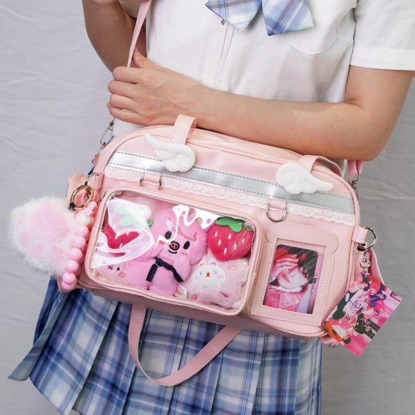Large Pastel Convertible Ita Bag with Clear Window for Plushies and Pins — ita bag detail view