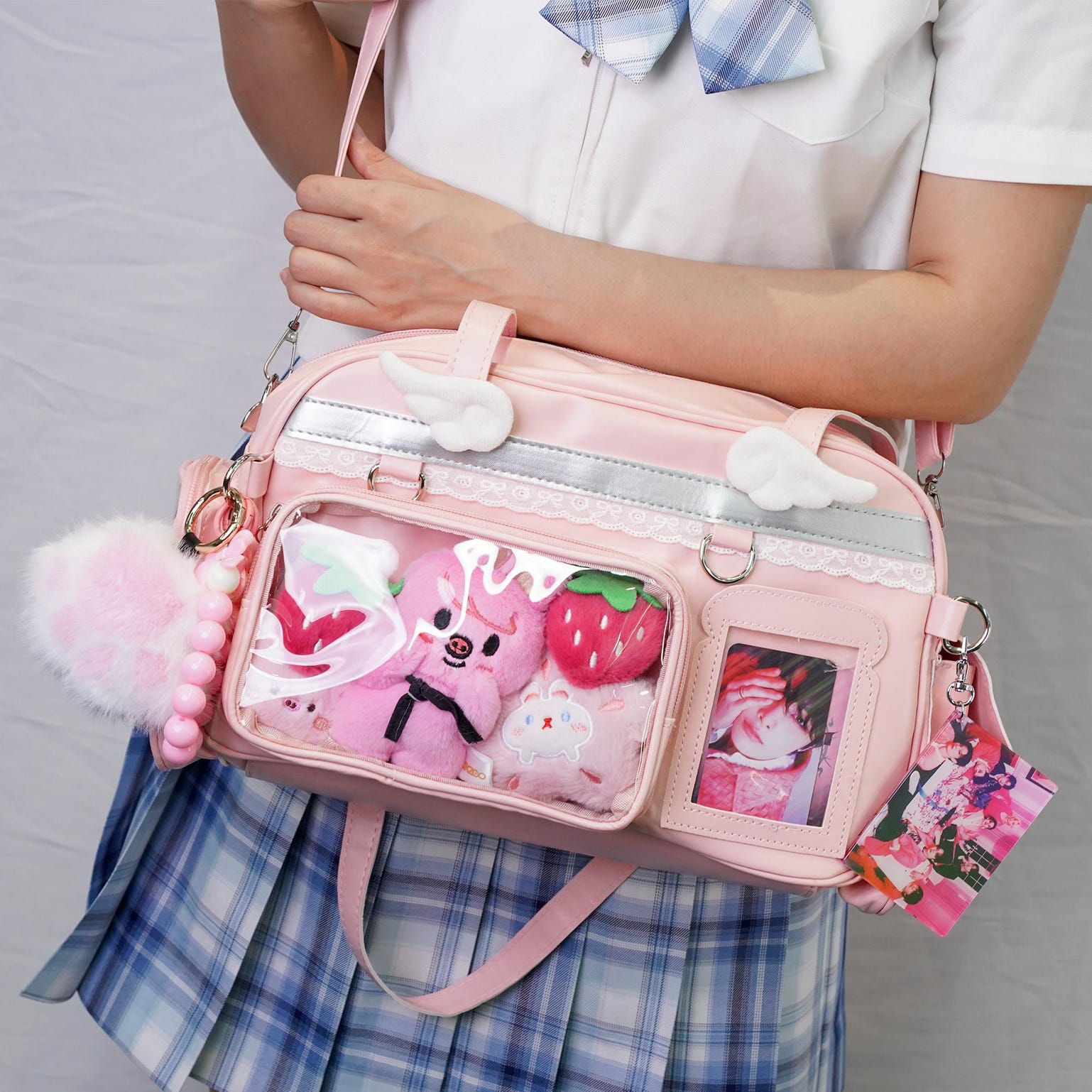 Large Pastel Convertible Ita Bag with Clear Window for Plushies and Pins Large Pastel Convertible Ita Bag with Clear Window for Plushies and Pins — ita bag detail view