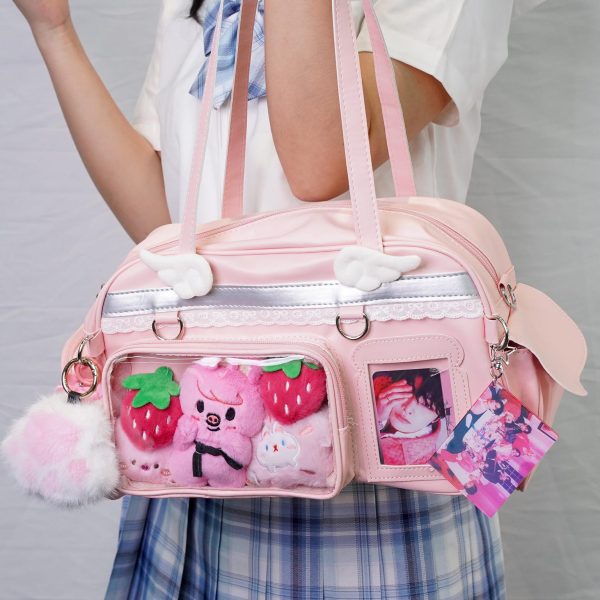 Large Pastel Convertible Ita Bag with Clear Window for Plushies and Pins — ita bag detail view