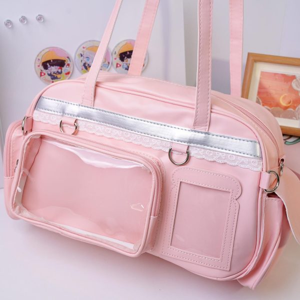 Large Pastel Convertible Ita Bag with Clear Window for Plushies and Pins — ita bag detail view
