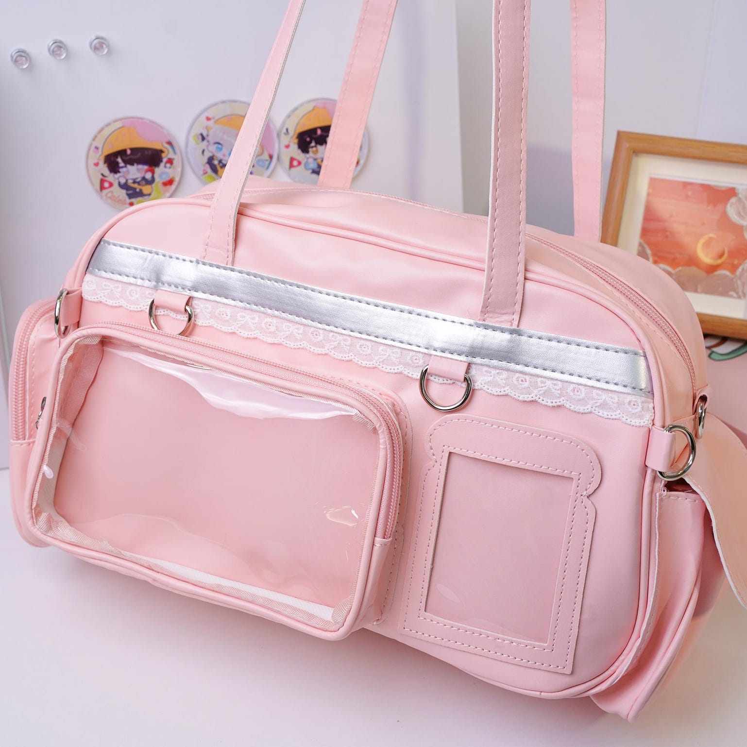 Large Pastel Convertible Ita Bag with Clear Window for Plushies and Pins Large Pastel Convertible Ita Bag with Clear Window for Plushies and Pins — ita bag detail view