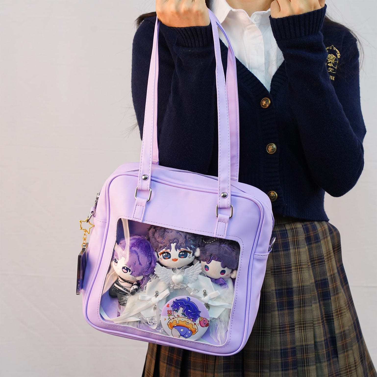 Large Pink Convertible Ita Bag with Clear Window for Pin Display Large Pink Convertible Ita Bag with Clear Window for Pin Display — ita bag detail view