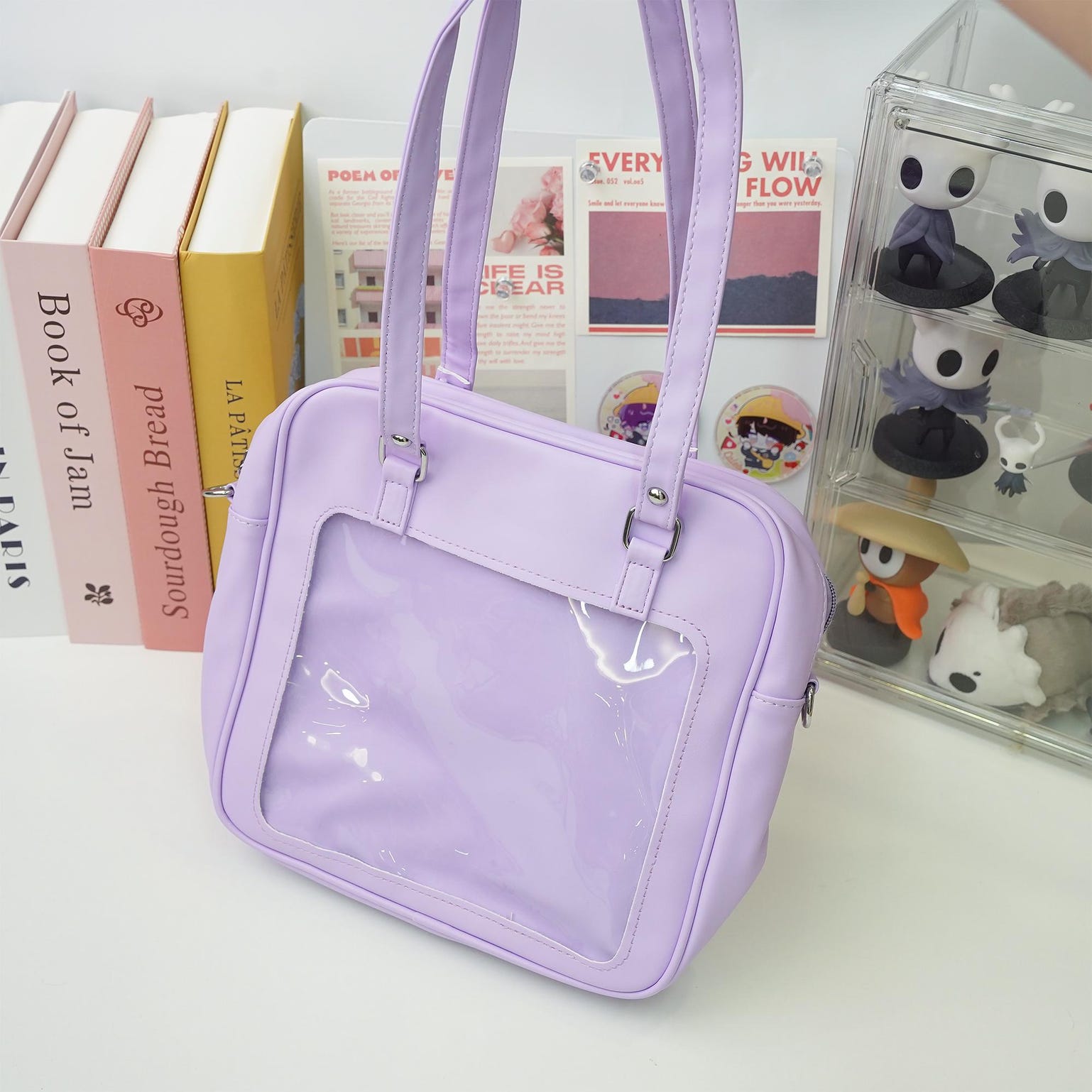 Large Pink Convertible Ita Bag with Clear Window for Pin Display Large Pink Convertible Ita Bag with Clear Window for Pin Display — ita bag detail view