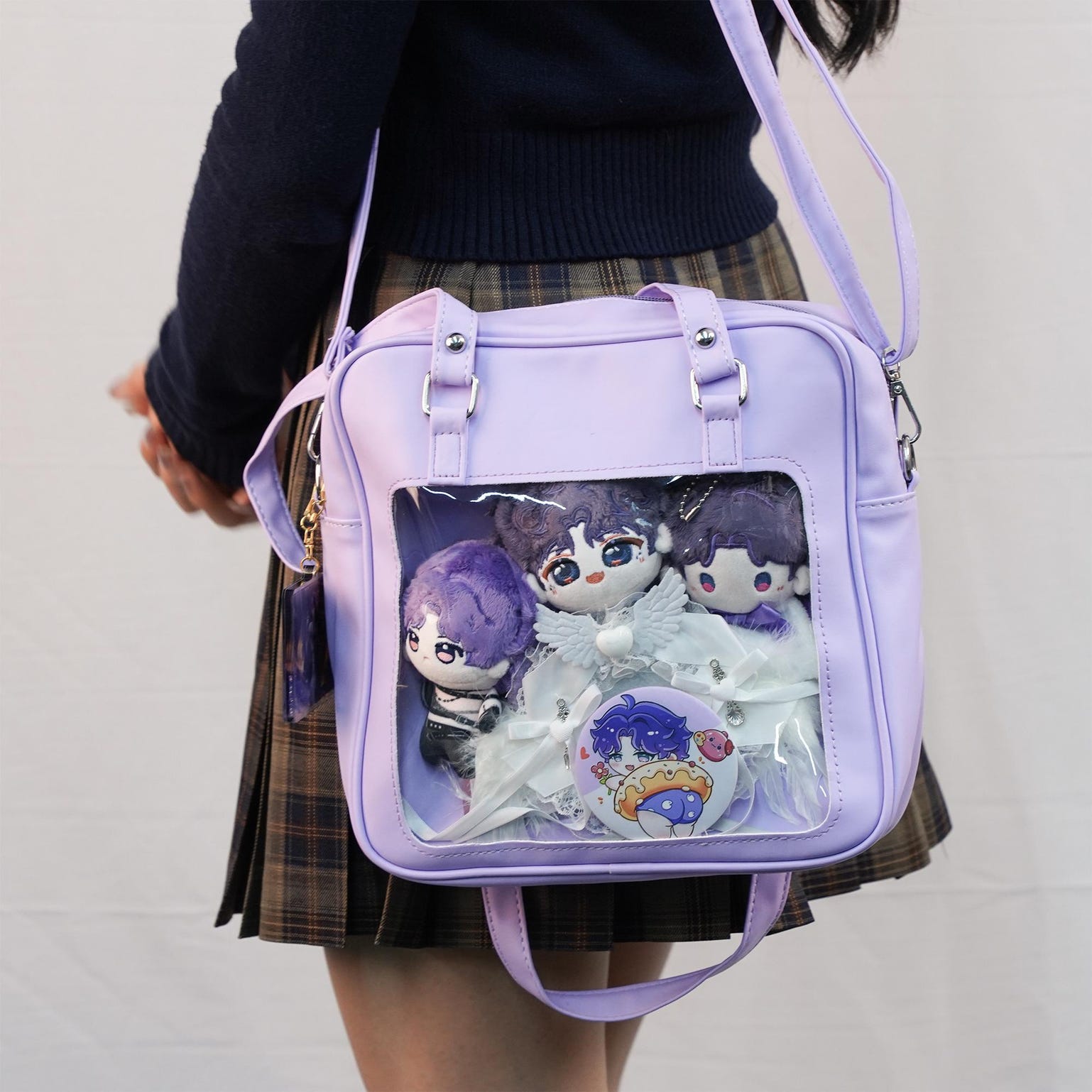 Large Pink Convertible Ita Bag with Clear Window for Pin Display Large Pink Convertible Ita Bag with Clear Window for Pin Display — ita bag detail view