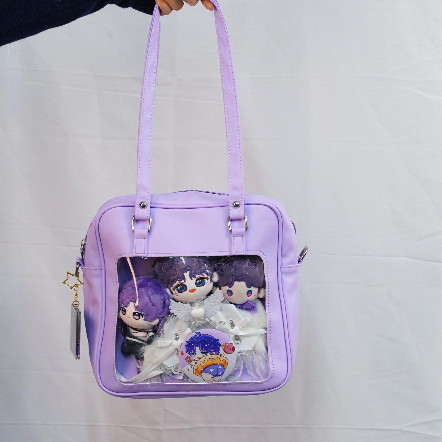 Large Pink Convertible Ita Bag with Clear Window for Pin Display Large Pink Convertible Ita Bag with Clear Window for Pin Display — ita bag detail view