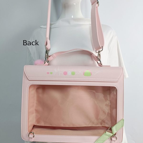 Large Pink Convertible Ita Bag with Clear Window for Plushies and Pins — ita bag detail view