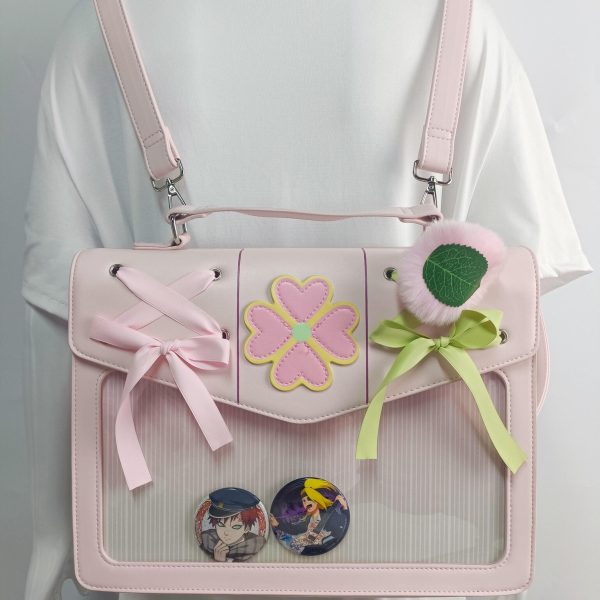 Large Pink Convertible Ita Bag with Clear Window for Plushies and Pins — ita bag detail view