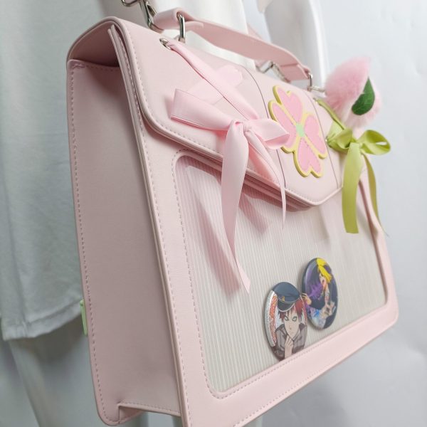 Large Pink Convertible Ita Bag with Clear Window for Plushies and Pins — ita bag detail view