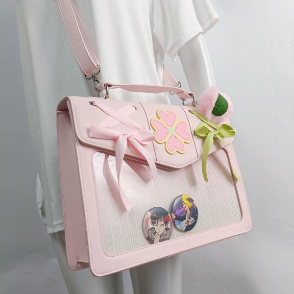 Large Pink Convertible Ita Bag with Clear Window for Plushies and Pins — ita bag detail view