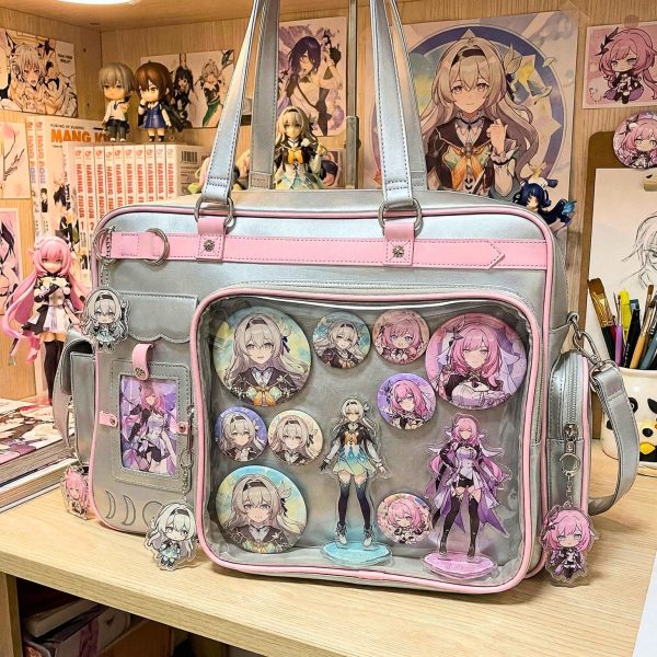 Large Pink Ita Bag with Clear Window for Plushies and Pins — ita bag detail view