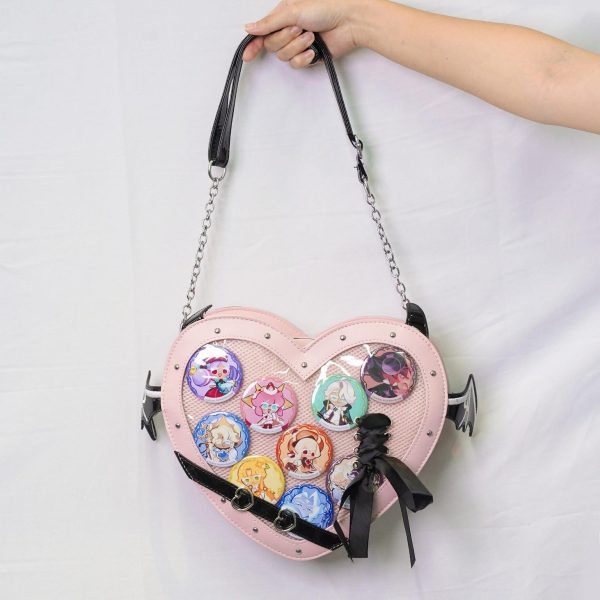 Large Pink Kawaii Ita Shoulder Bag with Clear Window for Pin Display — crossbody ita bag detail view