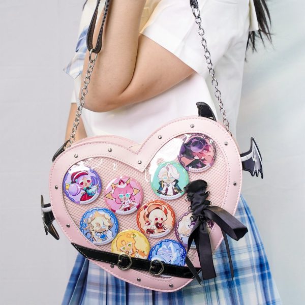 Large Pink Kawaii Ita Shoulder Bag with Clear Window for Pin Display — crossbody ita bag detail view