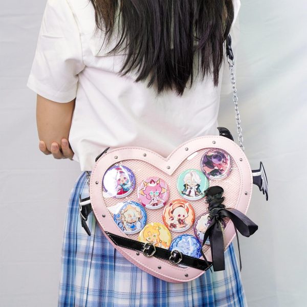 Large Pink Kawaii Ita Shoulder Bag with Clear Window for Pin Display — crossbody ita bag detail view