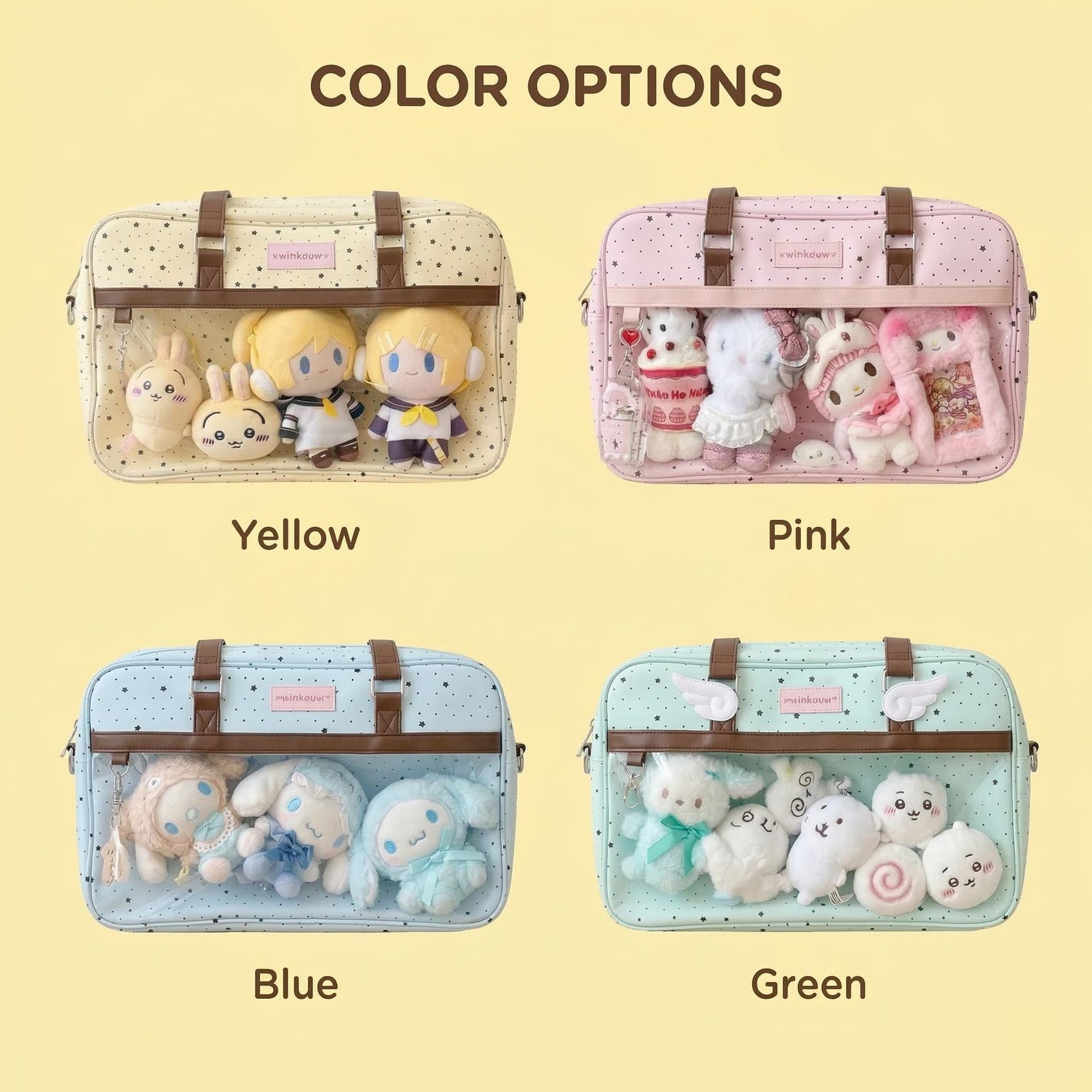 Large Pink Kawaii Star Convertible Ita Bag with Clear Window for Plushies and Pins Large Pink Kawaii Star Convertible Ita Bag with Clear Window for Plushies and Pins — ita bag detail view