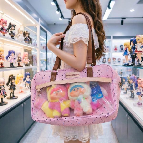 Large Pink Kawaii Star Convertible Ita Bag with Clear Window for Plushies and Pins — ita bag detail view