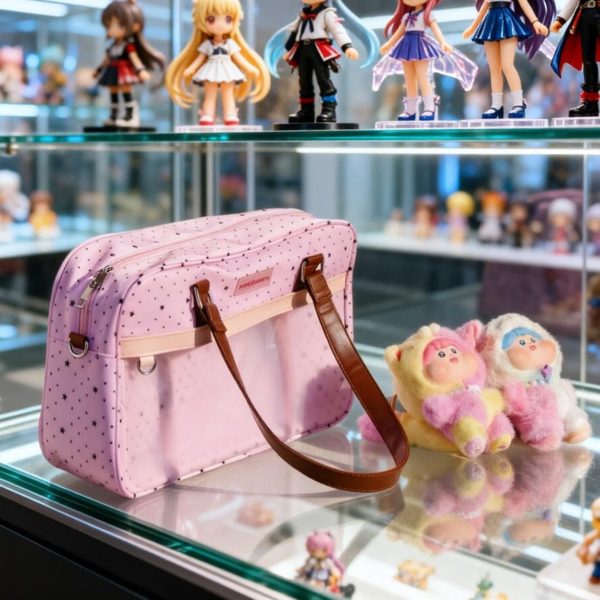 Large Pink Kawaii Star Convertible Ita Bag with Clear Window for Plushies and Pins — ita bag detail view