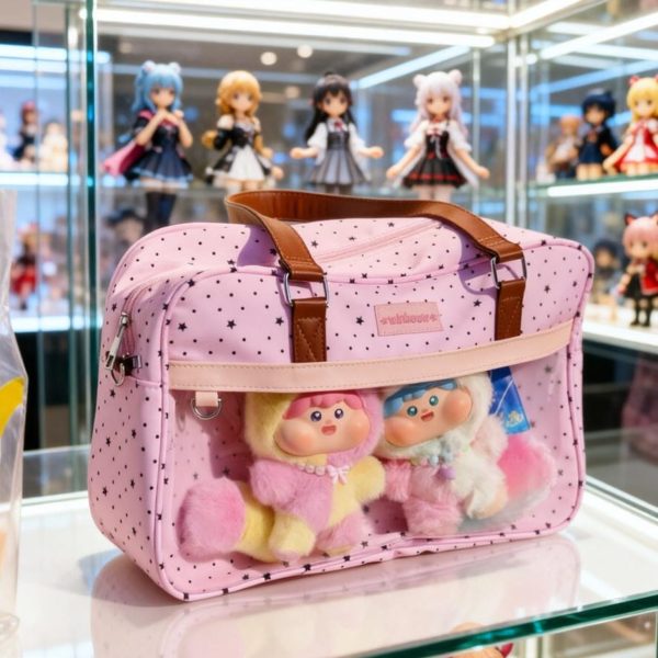 Large Pink Kawaii Star Convertible Ita Bag with Clear Window for Plushies and Pins — ita bag detail view